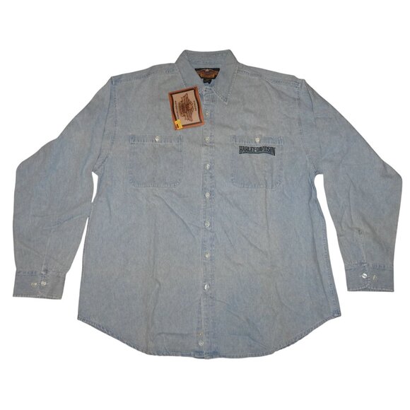 NWT Vintage Harley-Davidson Embroidered Button Up Denim Shirt XXL Hong Kong - Picture 1 of 7